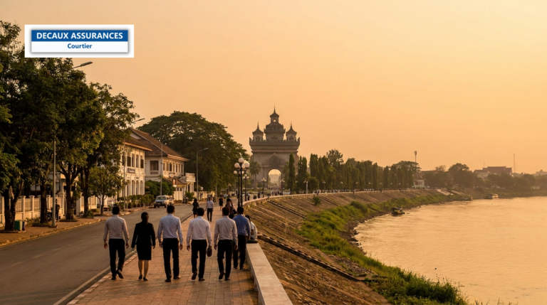 Boulevard du monument Patuxai à Vientiane, Laos — avenues arborées et ville basse