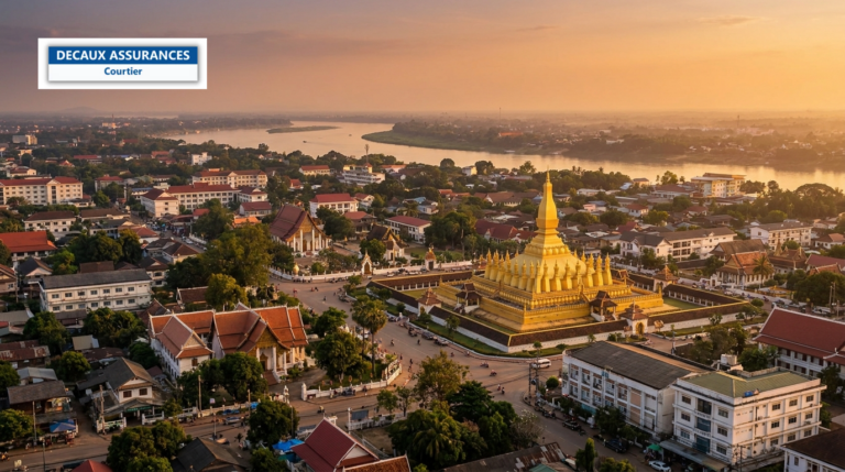 Panorama de Vientiane, Laos — le stûpa doré Pha That Luang et la capitale basse au bord du Mékong