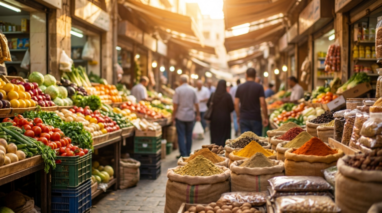 Étals colorés d'un souk de Beyrouth, Liban — vie quotidienne des expatriés