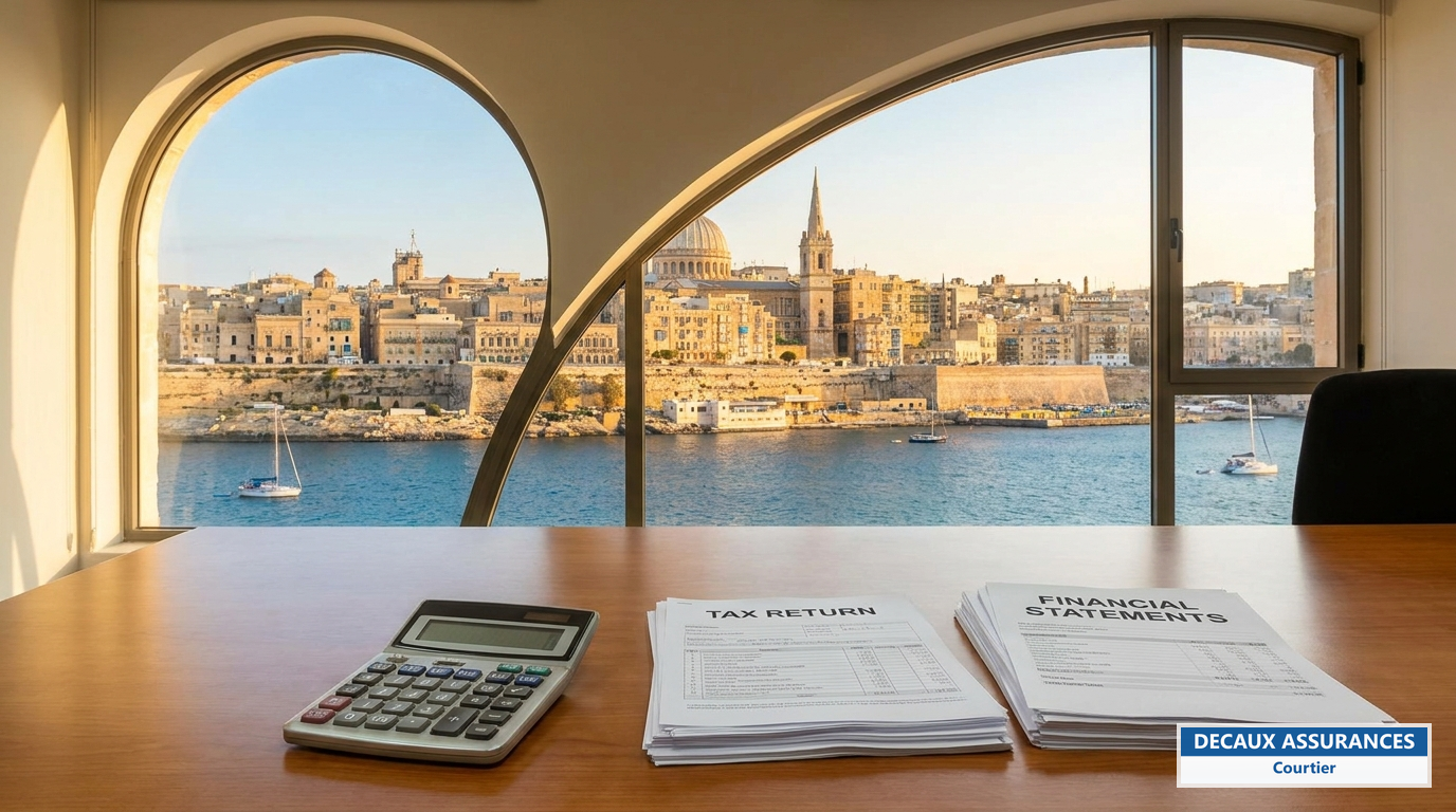 Bureau avec calculatrice et documents fiscaux, Grand Port de La Valette en fond — fiscalité des expatriés français à Malte
