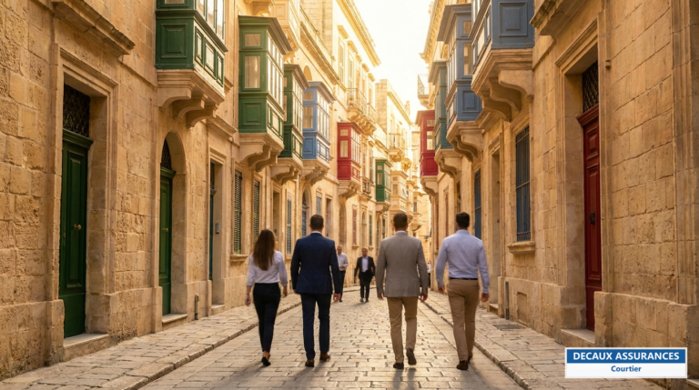 La Valette, Malte — rue historique et balcons traditionnels, cœur de la communauté française