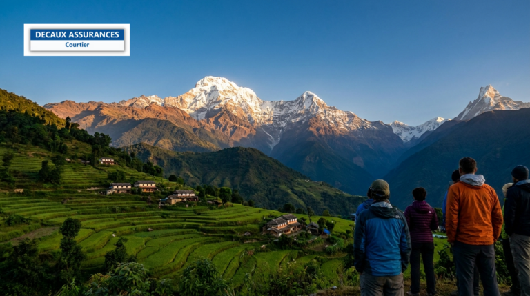 Massif des Annapurnas, Népal — sommets enneigés au-dessus des contreforts verts