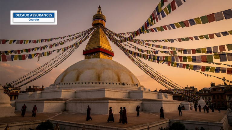 Stupa de Bodnath à Katmandou, Népal — grand dôme blanc et drapeaux de prière