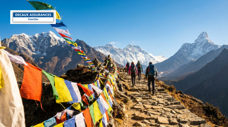 Sentier de trek dans le Khumbu, région de l'Everest, Népal — drapeaux de prière