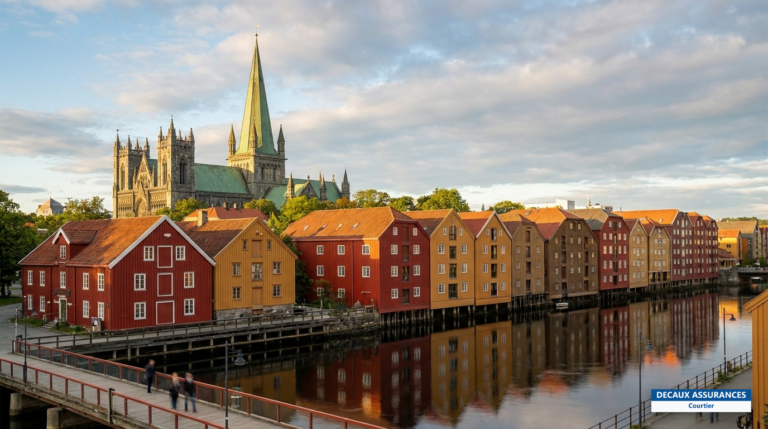 Cathédrale de Nidaros et entrepôts colorés de Trondheim, Norvège