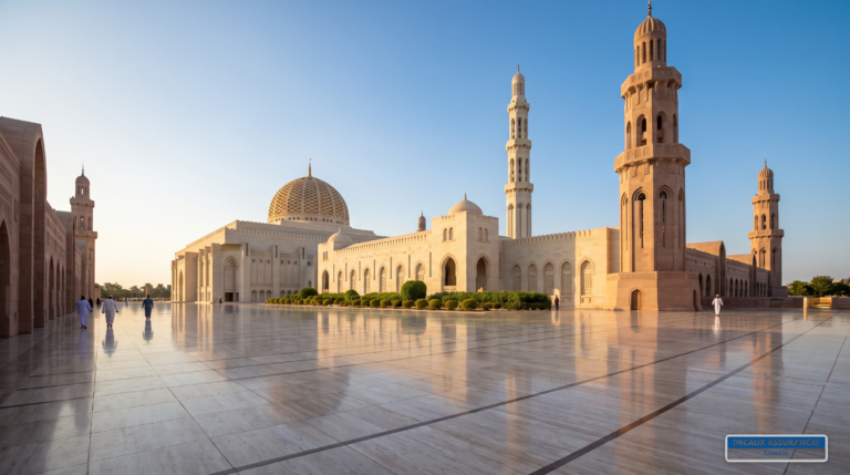 Grande Mosquée Sultan Qabous à Mascate, Oman — cour de marbre et minarets