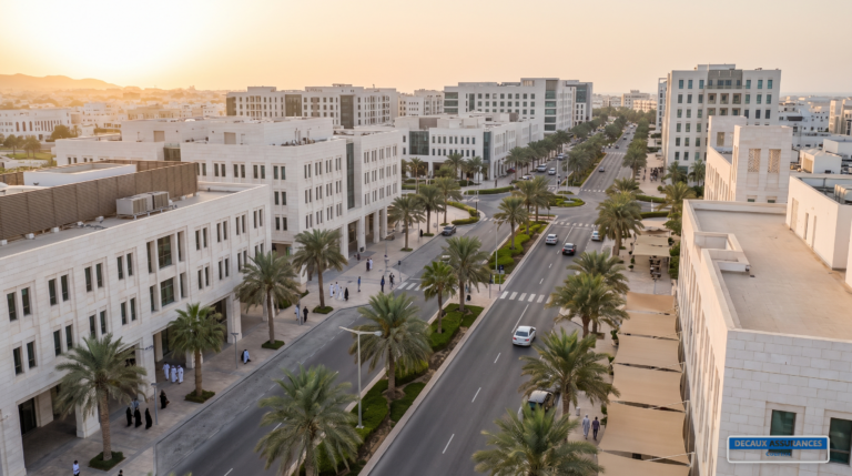 Quartier d'Al Khuwair à Mascate, Oman — bâtiments contemporains et boulevards