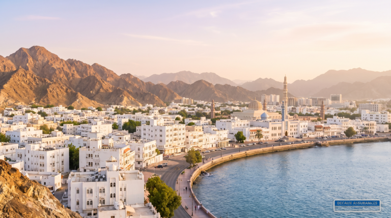 Panorama de Mascate entre les montagnes du Hajar et la mer, Oman — Grande Mosquée et vieille ville