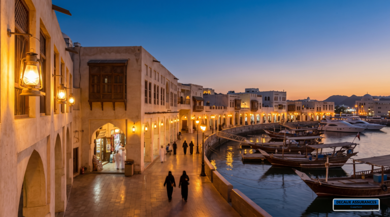 Souk et corniche de Mutrah à Mascate, Oman — architecture traditionnelle et port au crépuscule