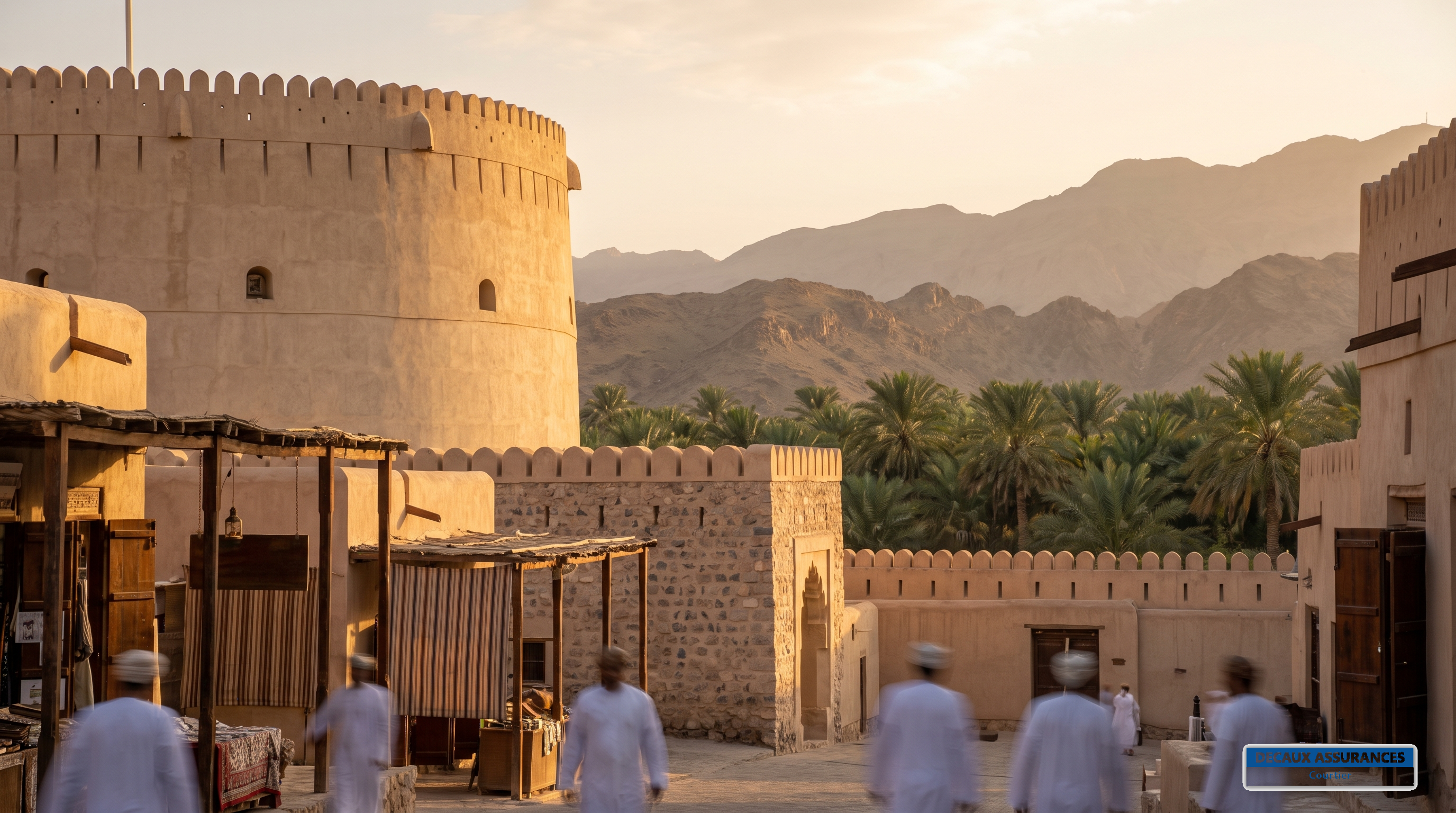 Fort de Nizwa, Oman — grande tour ronde et souk traditionnel