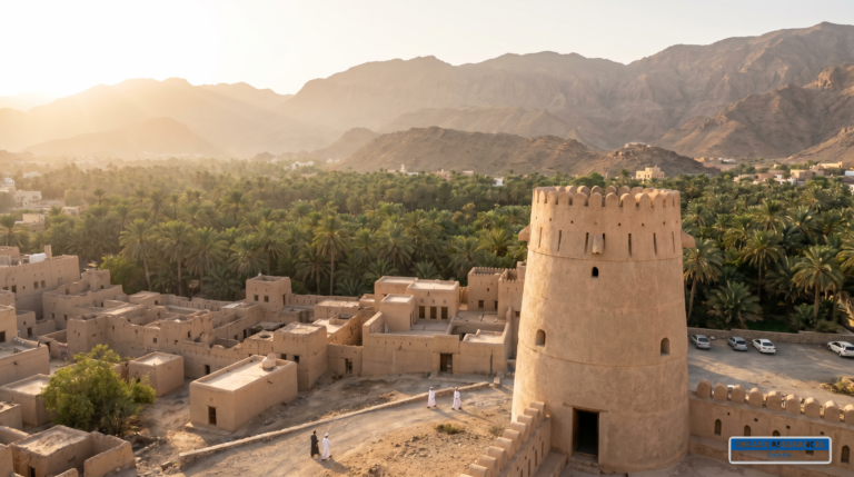 Fort et vieille ville de Nizwa, Oman — tour ronde et oasis de palmiers