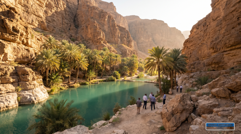 Wadi aux eaux turquoise entre des falaises, Oman — oasis de canyon