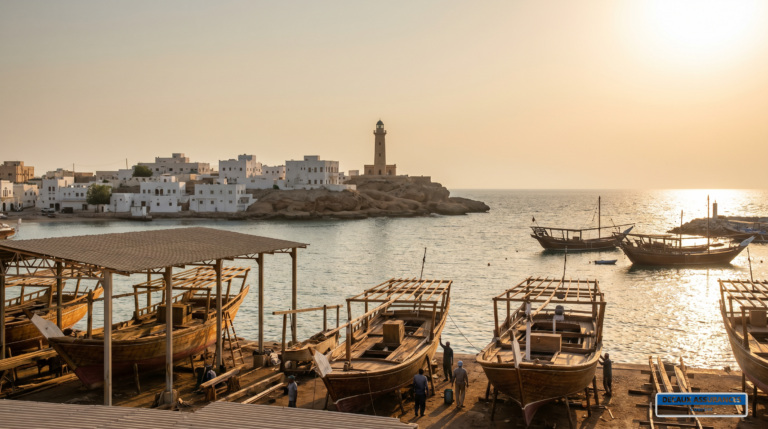 Ville portuaire de Sur, Oman — chantier de boutres et phare sur la baie