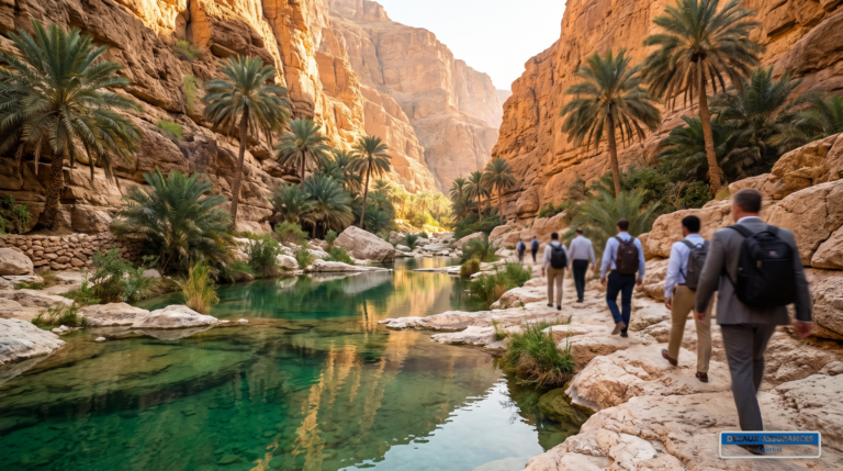 Wadi Shab, Oman — vasques d'eau émeraude entre de hautes falaises de canyon