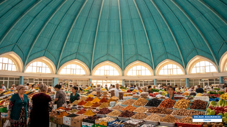 Bazar Chorsu à Tachkent, Ouzbékistan — grande halle à dôme turquoise, étals d'épices et de fruits