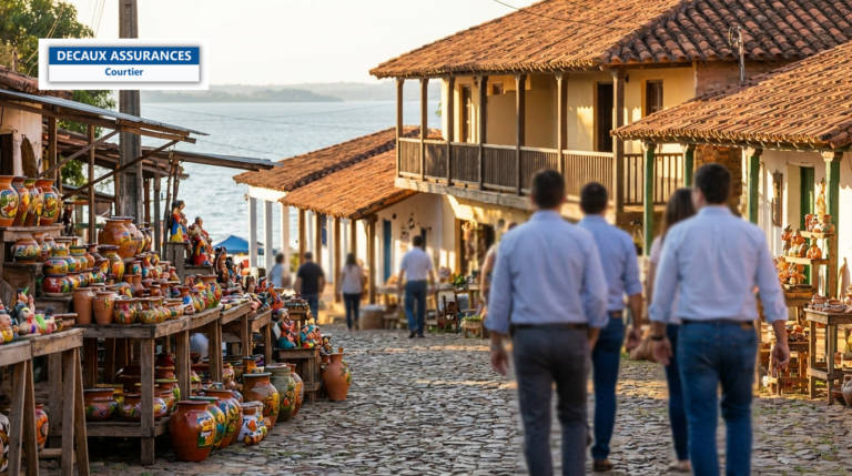 Village d'Areguá au bord du lac Ypacaraí, Paraguay — étals de céramiques et rue coloniale