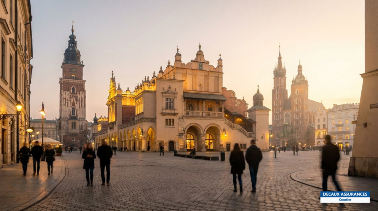 Grande place du marché Rynek Główny de Cracovie au crépuscule, Pologne