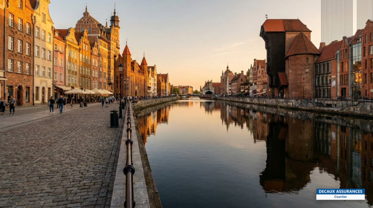 Vieille ville reconstruite et grue médiévale Żuraw de Gdańsk, sur la Baltique, Pologne
