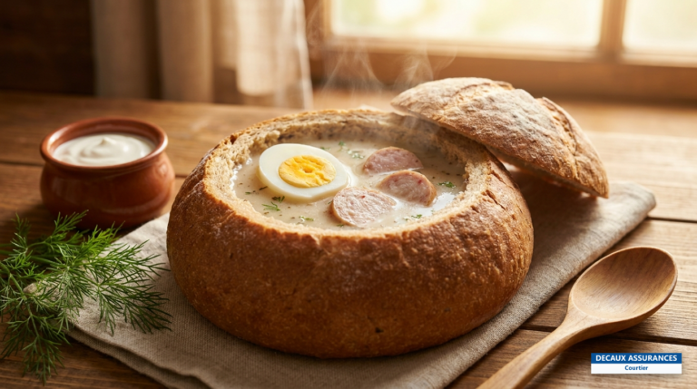 Żurek, soupe aigre polonaise servie dans une miche de pain