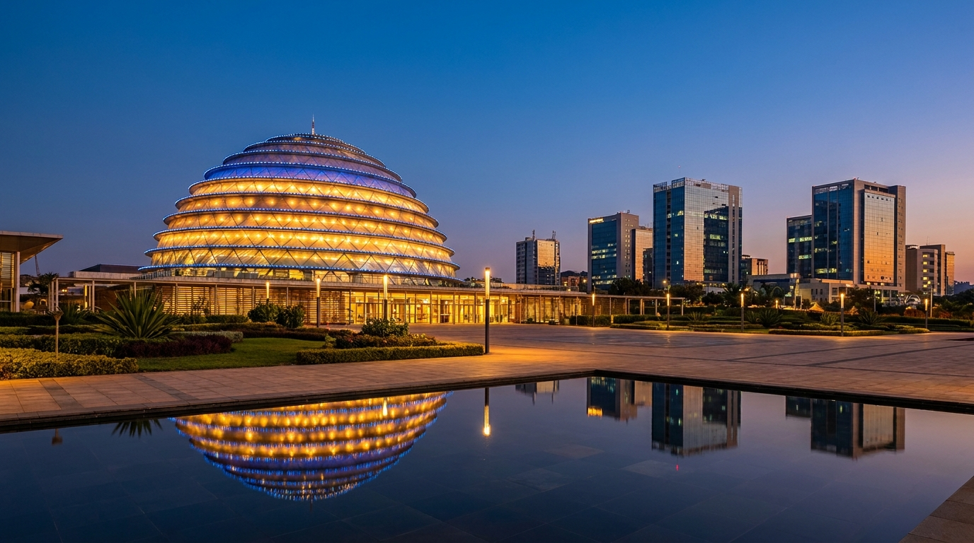 Le Kigali Convention Centre illuminé le soir, Rwanda — hub d'affaires d'Afrique de l'Est