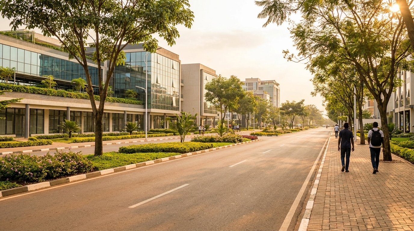 Rue propre et arborée de Kigali, ville réputée pour sa propreté, Rwanda