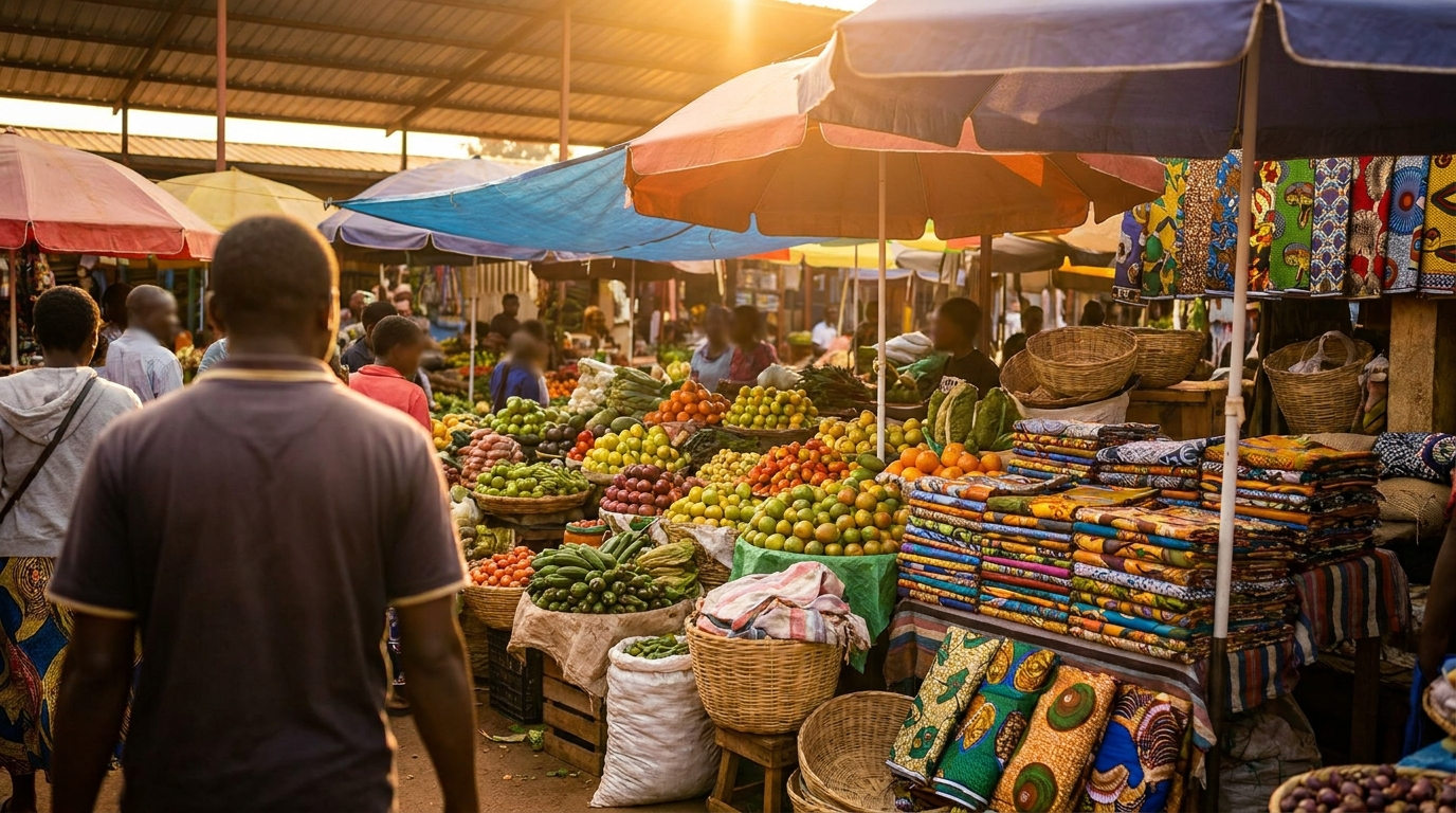 Étals colorés du marché de Kimironko à Kigali, Rwanda — vie quotidienne des expatriés