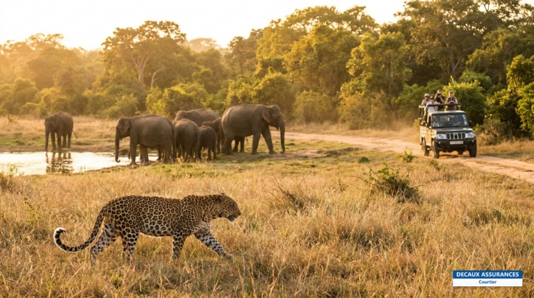 Parc national de Yala, léopard et éléphants dans la savane et la jungle du Sri Lanka