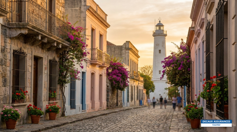 Calle de los Suspiros à Colonia del Sacramento, Uruguay — rue pavée coloniale et phare