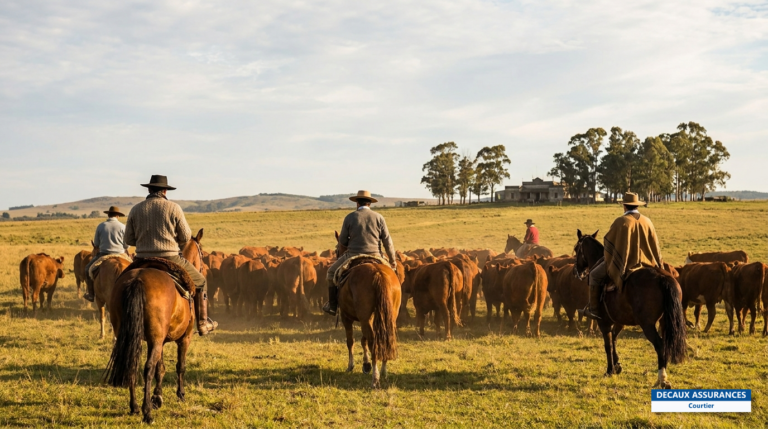 Gauchos à cheval dans une estancia de la pampa uruguayenne — élevage bovin et grand ciel