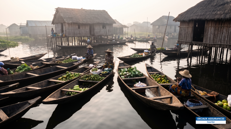 Village lacustre de Ganvié sur le lac Nokoué, Bénin — maisons sur pilotis et marché flottant