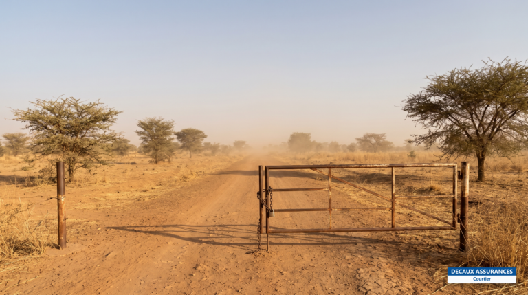 Route sahélienne déserte avec barrière de contrôle fermée au Burkina Faso