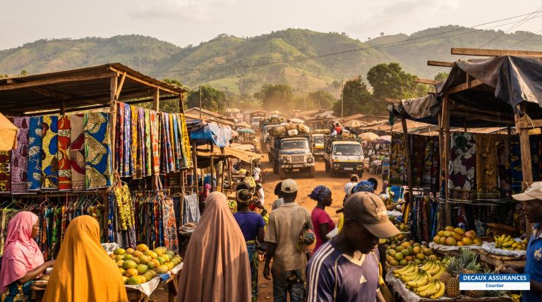 Ville de Kindia en Basse-Guinée — marché, collines et route nationale guinéenne