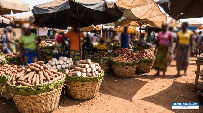 Manioc, ignames et patates douces sur un étal de marché guinéen