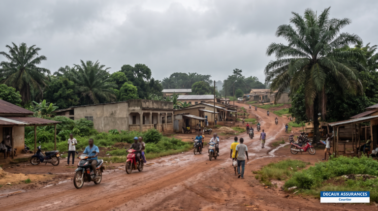 Ville de N'Zérékoré en Guinée forestière — végétation dense, habitations et activité urbaine du sud-est guinéen