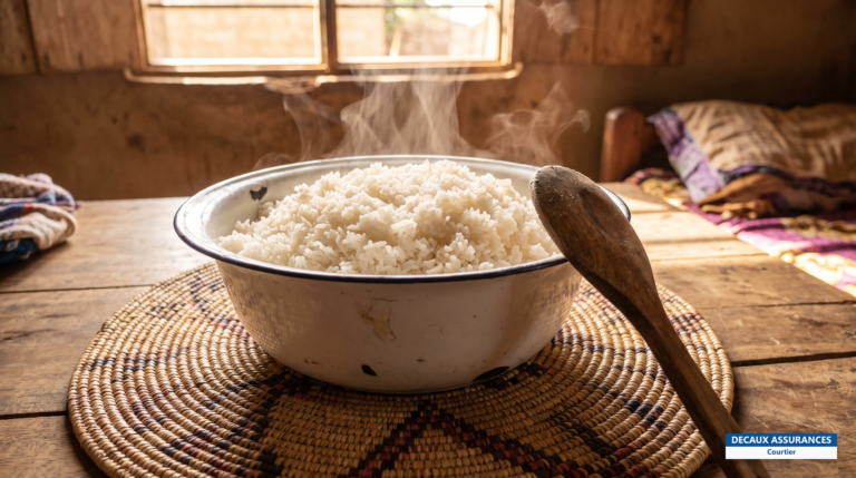 Riz blanc cuit servi dans un plat traditionnel — aliment de base quotidien en Guinée