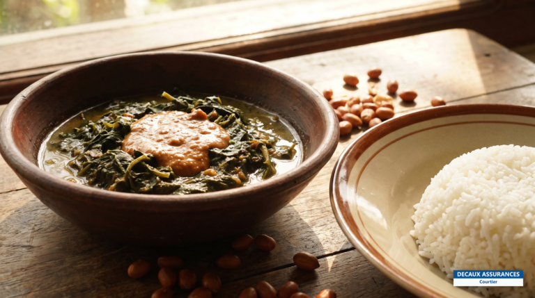 Sauce épaisse à base de feuilles vertes et d'arachide servie avec du riz
