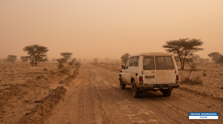 Piste sahélienne et véhicule tout-terrain sur un axe routier du Sahel malien