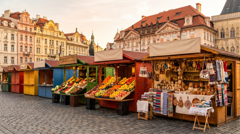Étals d'un marché de Prague, République tchèque — quotidien des expatriés