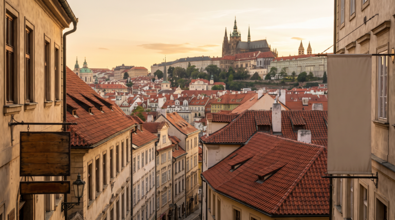 Toits rouges de la vieille ville de Prague et château en arrière-plan, République tchèque — capitale prisée des expatriés français
