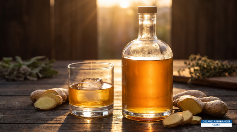 Liqueur de gingembre togolaise dans une bouteille et un verre