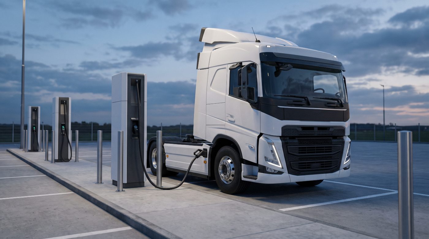Camion électrique en charge sur une borne haute puissance