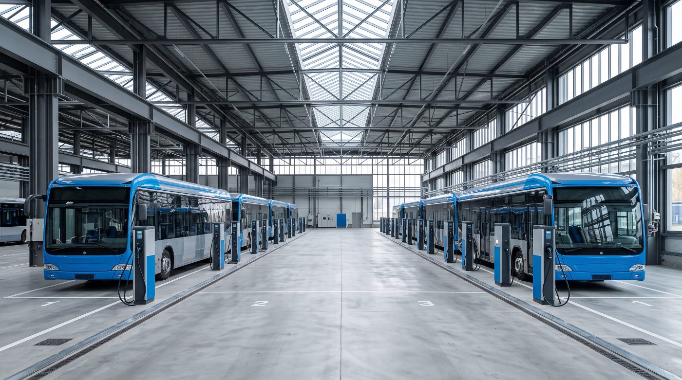 Dépôt de bus urbains électriques en recharge