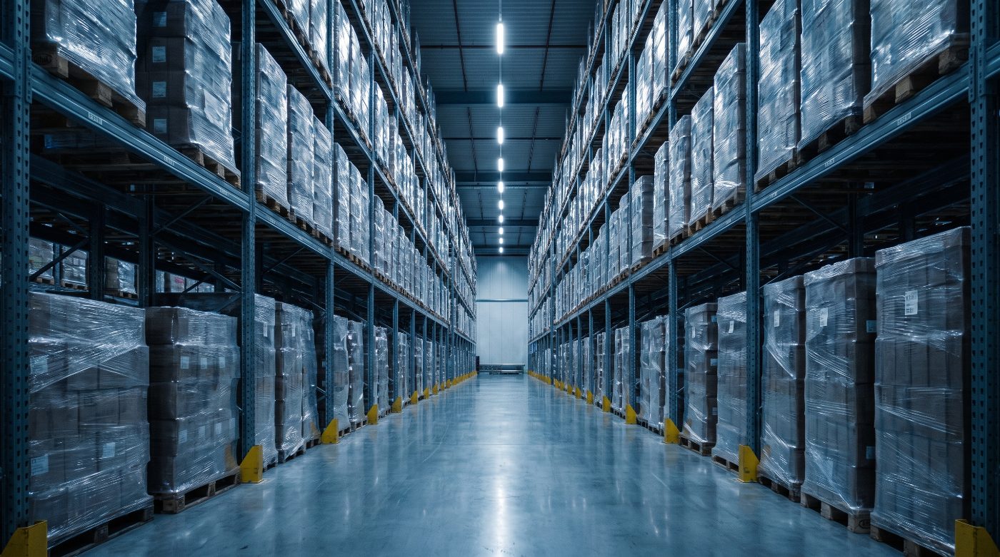 Allées de racks dans un entrepôt logistique moderne