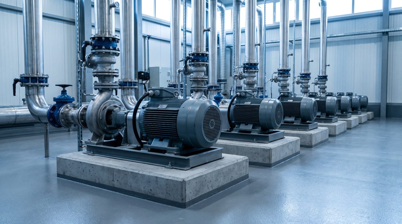 Pompes centrifuges et moteurs électriques en salle technique