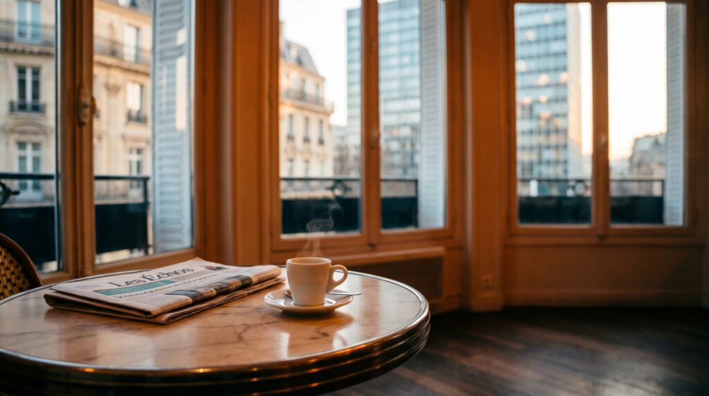 Photo de couverture du Morning Café Decaux Assurances Édition n°1 - tasse de café fumante et magazine sur table de marbre dans café parisien haussmannien