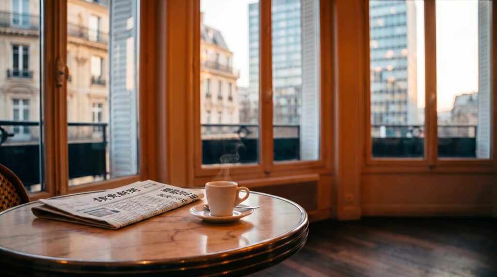 Tasse de café et exemplaire du Yomiuri Shimbun posés sur une table de café devant une fenêtre au lever du jour