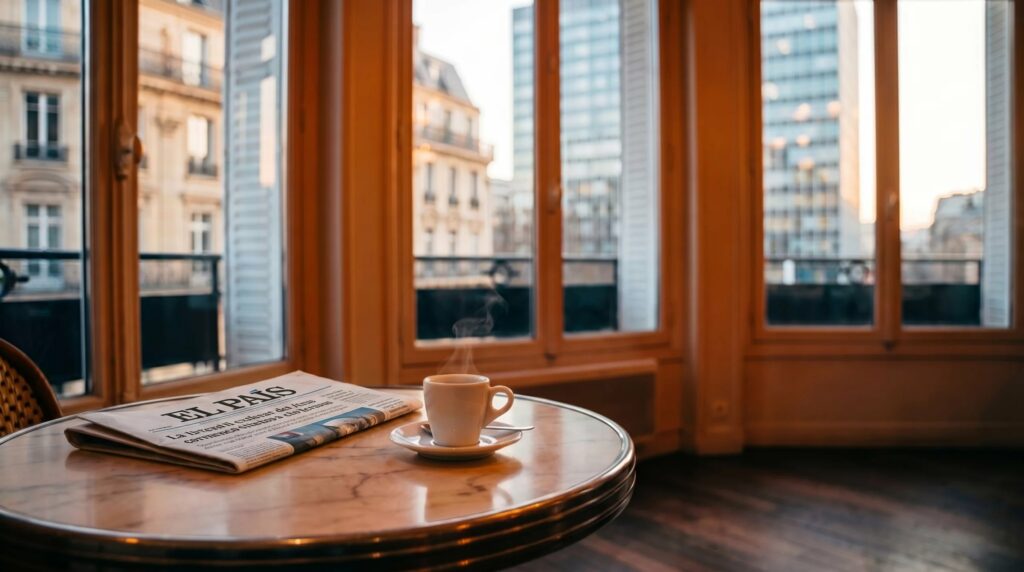 Tasse de café et exemplaire d’El País posés sur une table de café devant une fenêtre au lever du jour