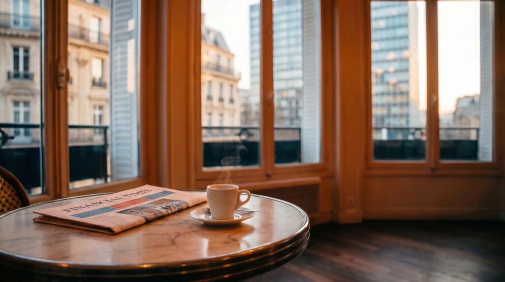 Tasse de café et exemplaire du Financial Times posés sur une table de café devant une fenêtre au lever du jour