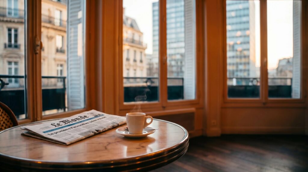Tasse de café et exemplaire du Monde posés sur une table de café devant une fenêtre au lever du jour