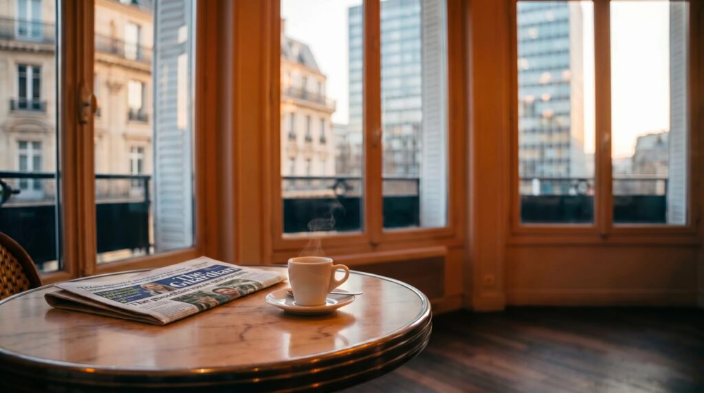 Tasse de café et exemplaire du Guardian posés sur une table de café devant une fenêtre au lever du jour